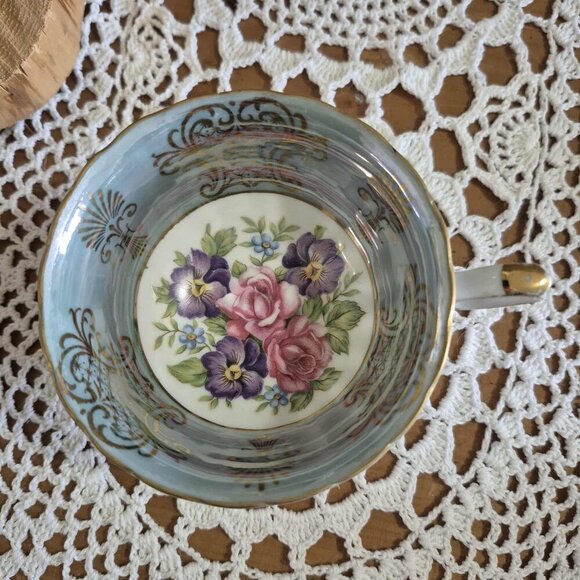 SHAFFORD Vintage Porcelain 3 Feet Cup & Saucer - Turquoise, Gold & Purple - Picture 5 of 8